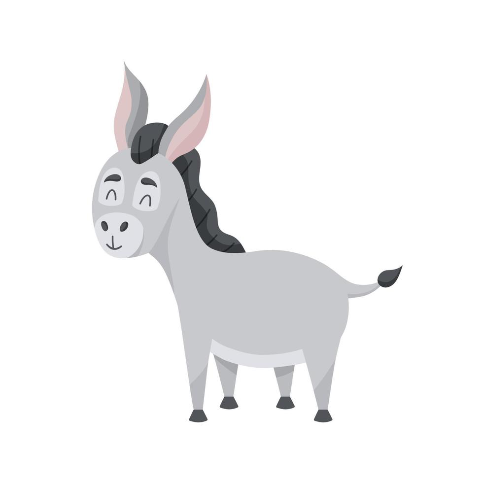 Young grey ass in cartoon style. The cute character is happy. Vector illustration, isolated color elements on a white background