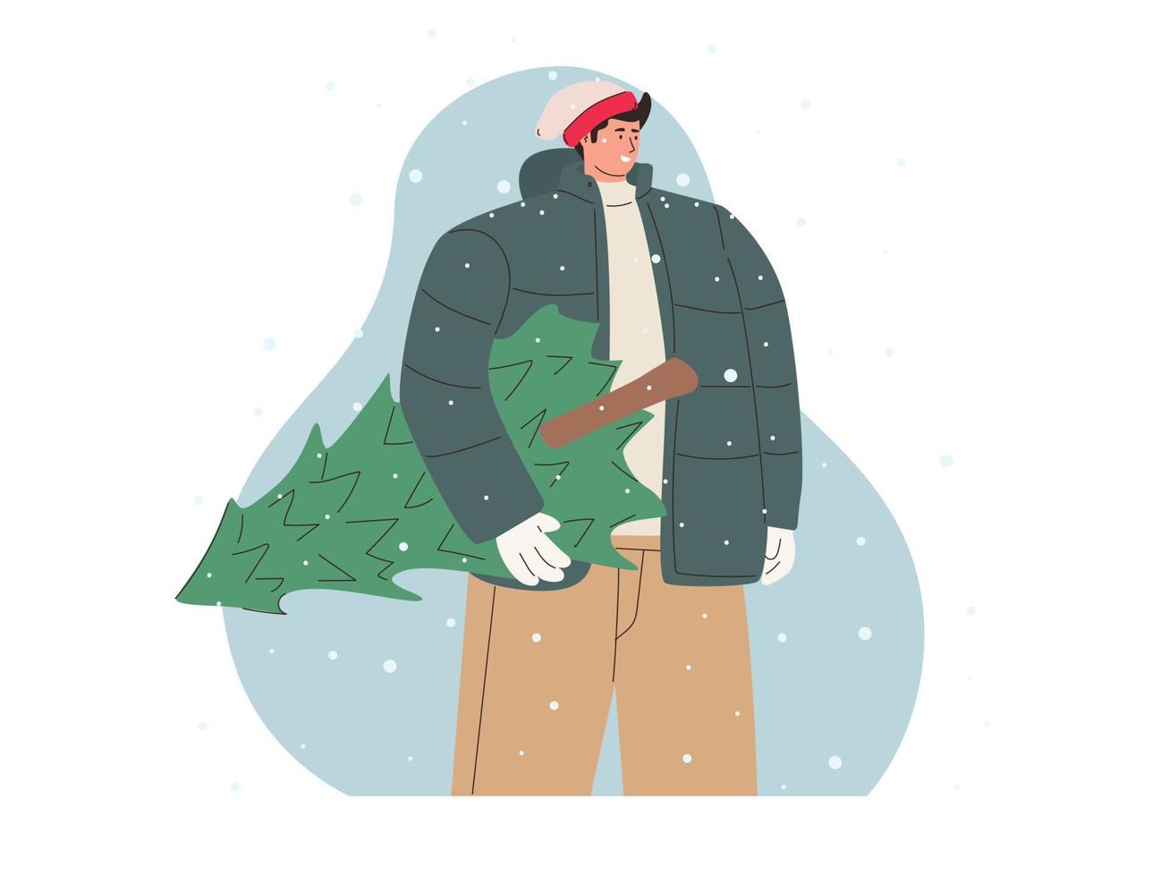 Happy Man Carrying A Christmas Tree vector