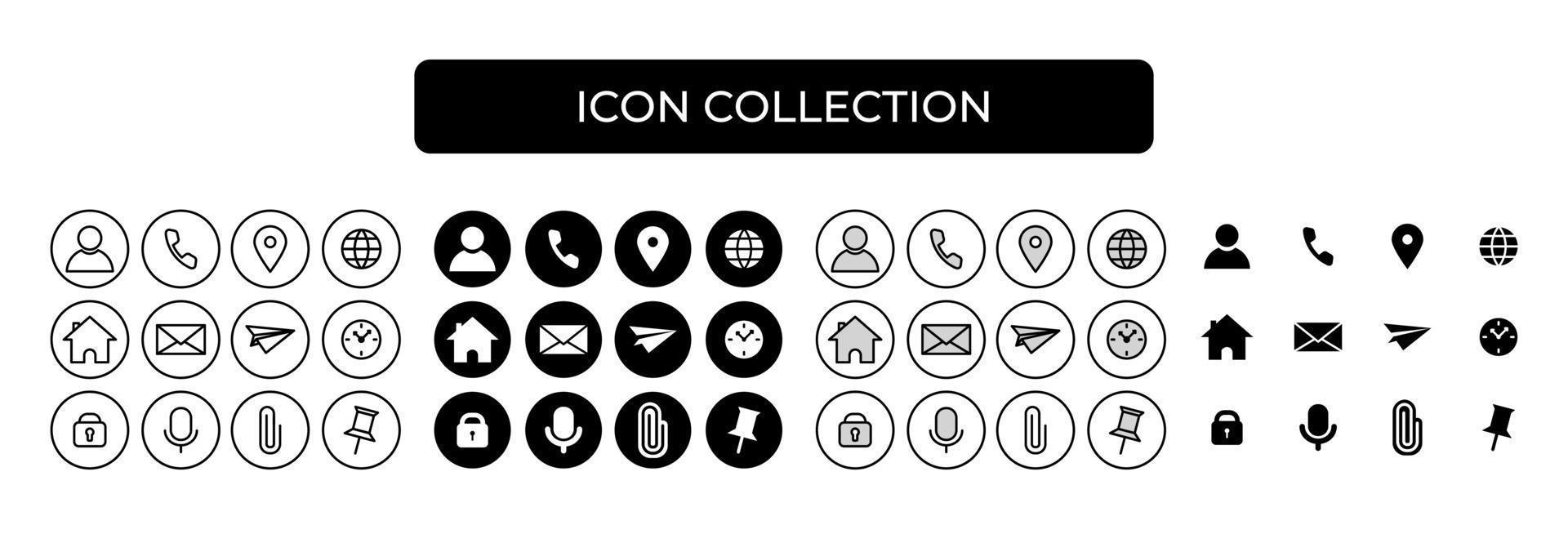 Website black vector icons set. Communication icon symbol, contact us, location, address, phone, mail, microphone, attach, pin. In flat, line modern style.