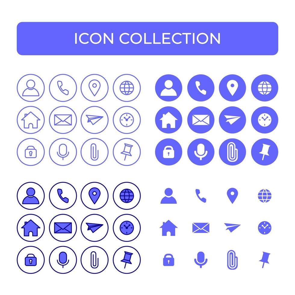 conjunto de iconos de vector púrpura del sitio web. símbolo de icono de comunicación, contáctenos, ubicación, dirección, teléfono, correo, micrófono, adjuntar, pin. en línea plana, estilo moderno.