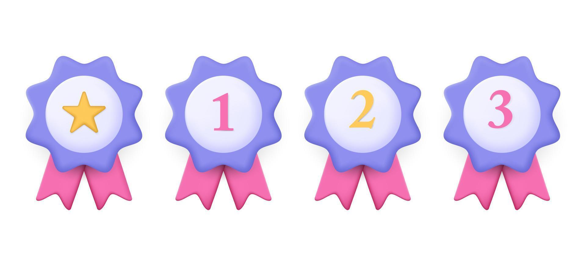 Winner medal with star and ribbon. 3d vector icon.