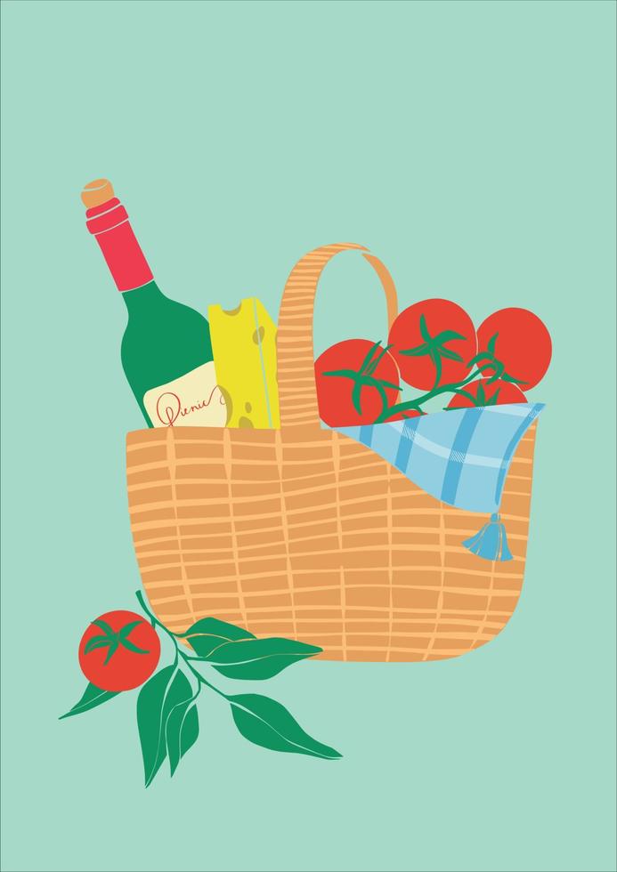 picnic en la naturaleza. ilustración vectorial con una botella de vino, queso y tomates en una cesta de picnic. cartel moderno con productos orgánicos. invitación al evento de verano. diseño plano. vector