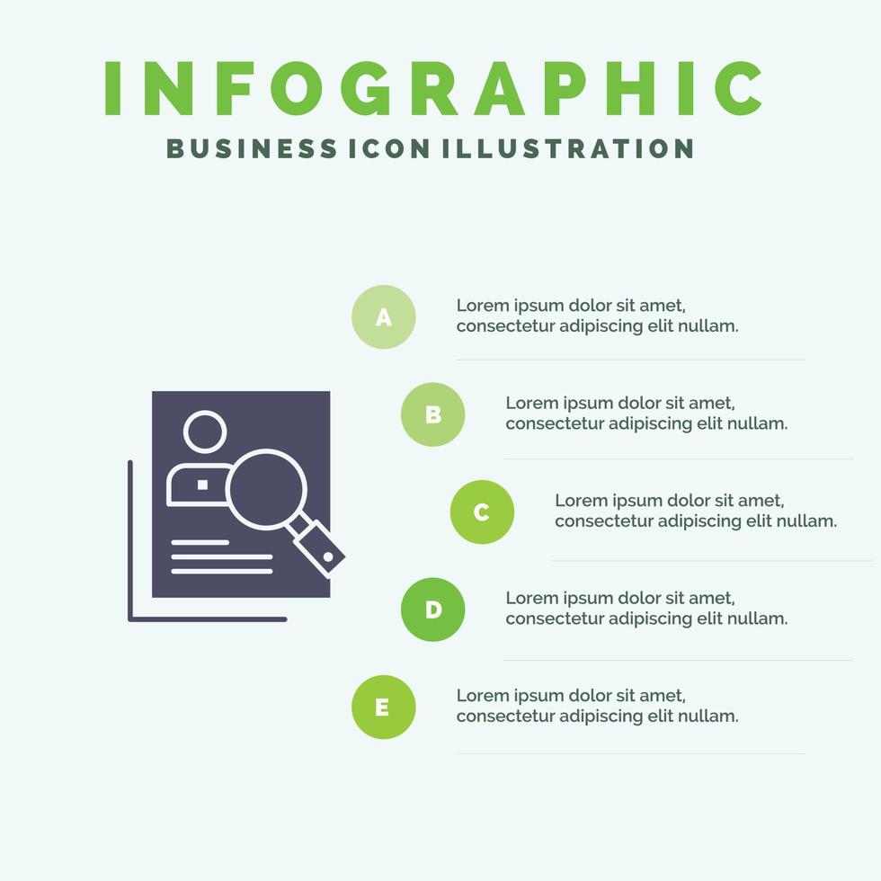 empleado hr humano caza recursos personales currículum búsqueda icono sólido infografía 5 pasos presentación vector