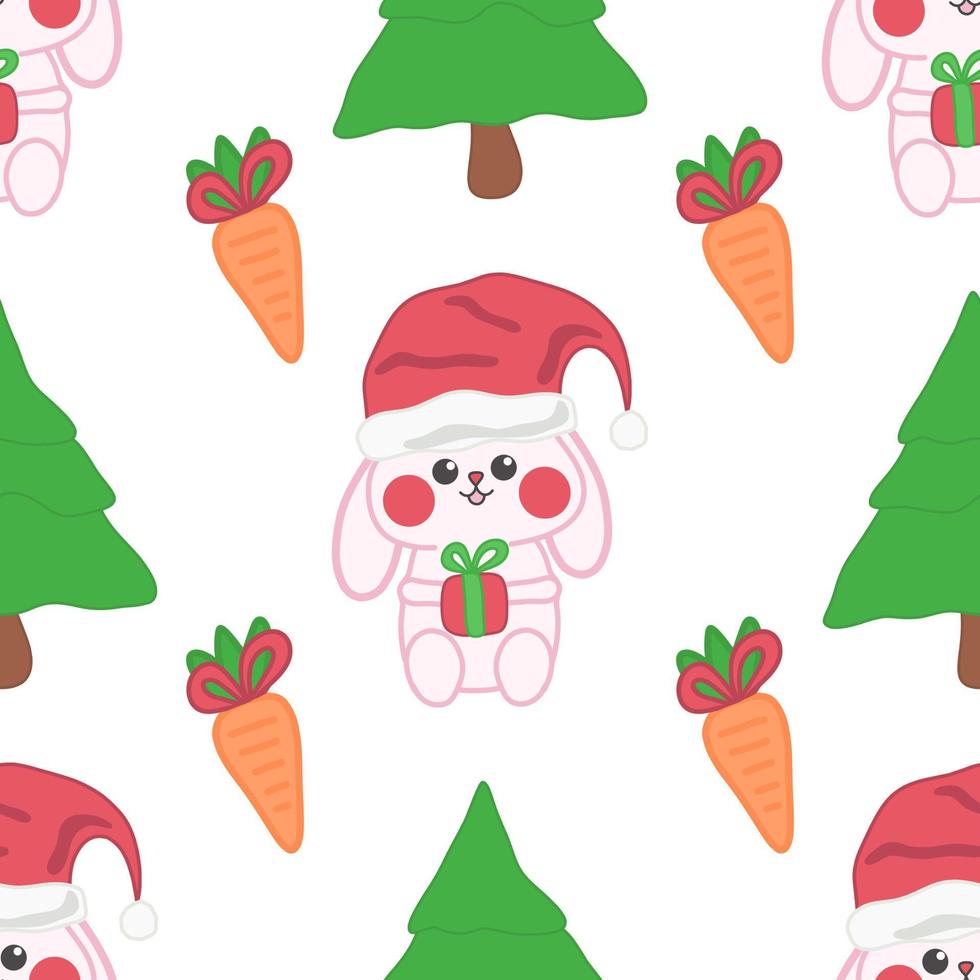Cute doodle Christmas baby bunny vector seamless pattern.