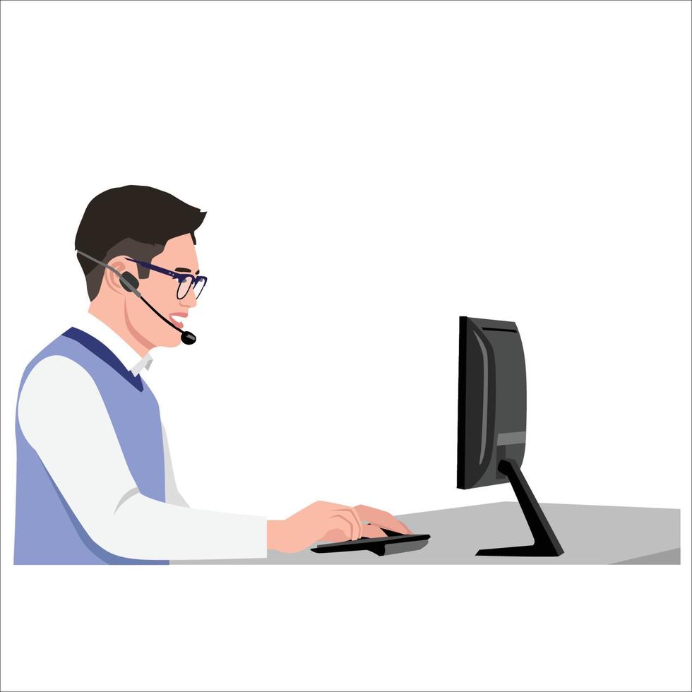 Customer service. Man with headphones and microphone with laptop. Concept illustration for support, assistance, call center. Vector illustration in flat style
