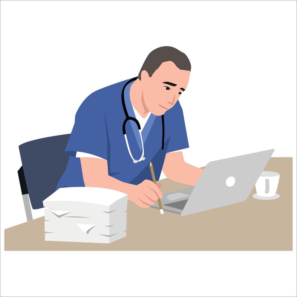 Character medical doctor. Healthcare and medical help. Doctor's office. Front and back view of the doctor in the treatment room. Vector illustration in cartoon style.