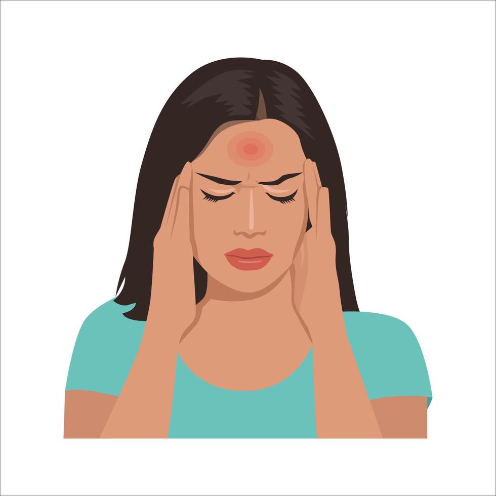 dolor de cabeza. la mujer con dolor de cabeza, migraña. ilustración vectorial plana aislada sobre fondo blanco vector