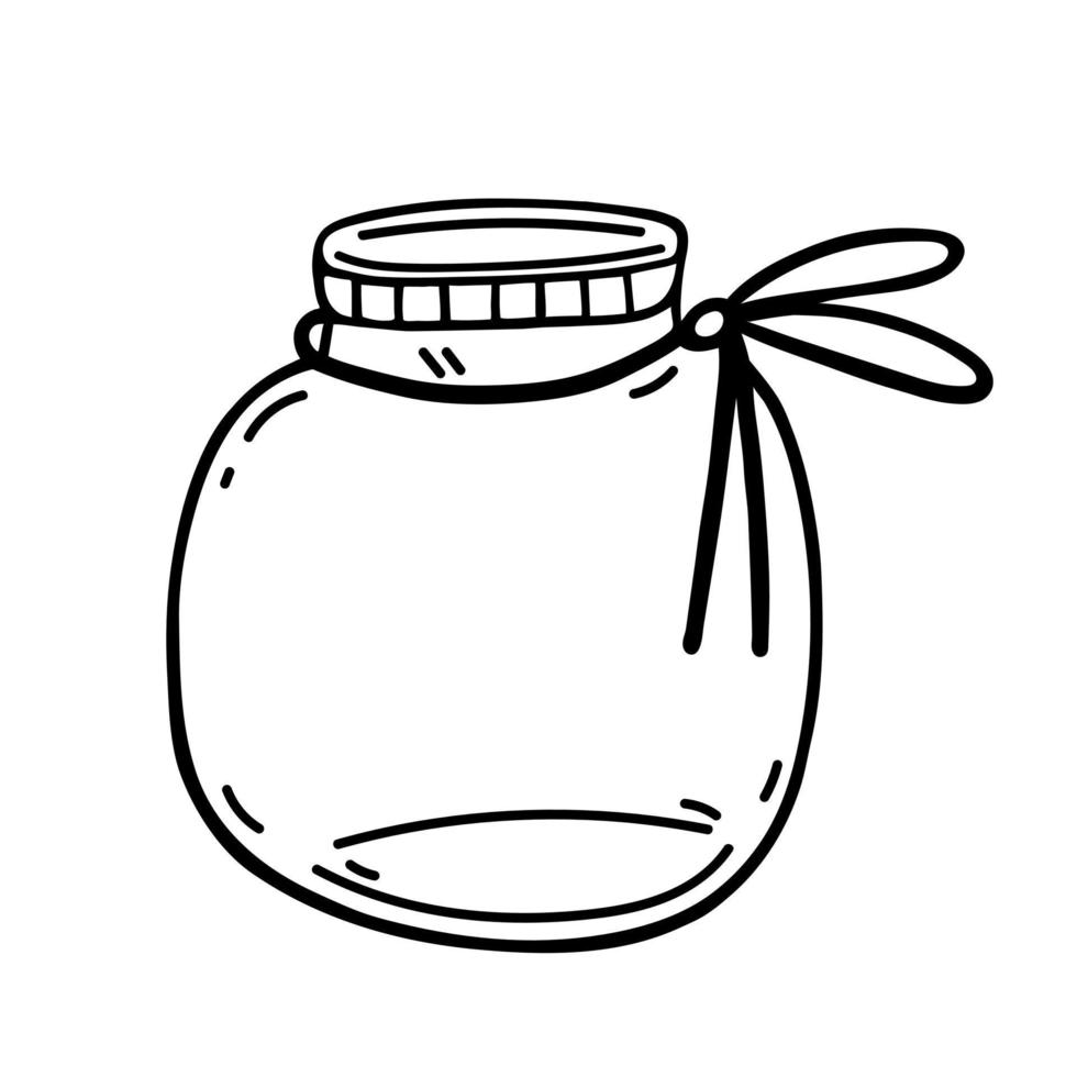 icono de vector de tarro de albañil. recipiente de vidrio dibujado a mano aislado en blanco. olla vintage vacía con cinta, arco. garabato simple, contorno negro. Platos para almacenar alimentos, dulces. clipart para impresión, logotipo, aplicaciones