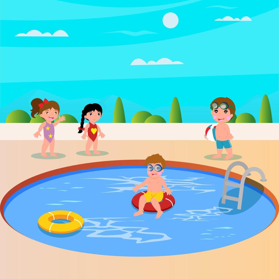 los niños se divierten en la piscina. lindos niños juegan en la piscina vector