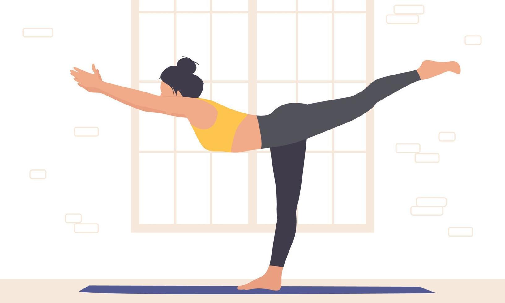 Warrior Pose 3. Virabhadrasana. Woman practice yoga at yoga studio. Vector illustration