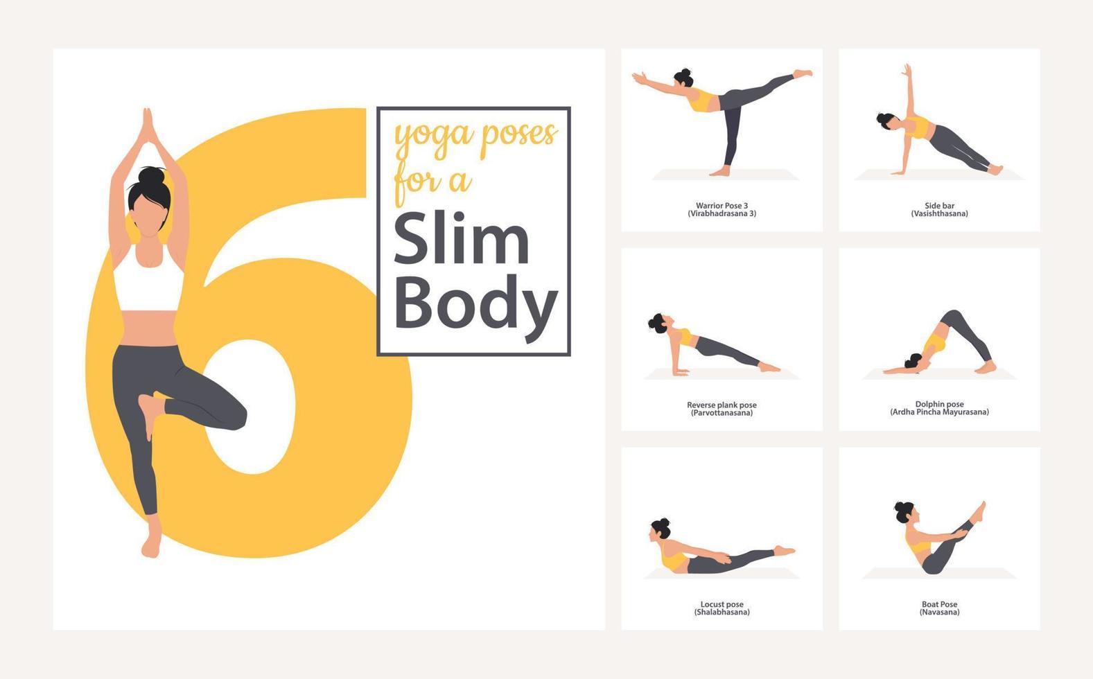 Beautiful woman practice yoga. Yoga poses. Set of yoga asanas for a slim body. Yoga sequence vector design.