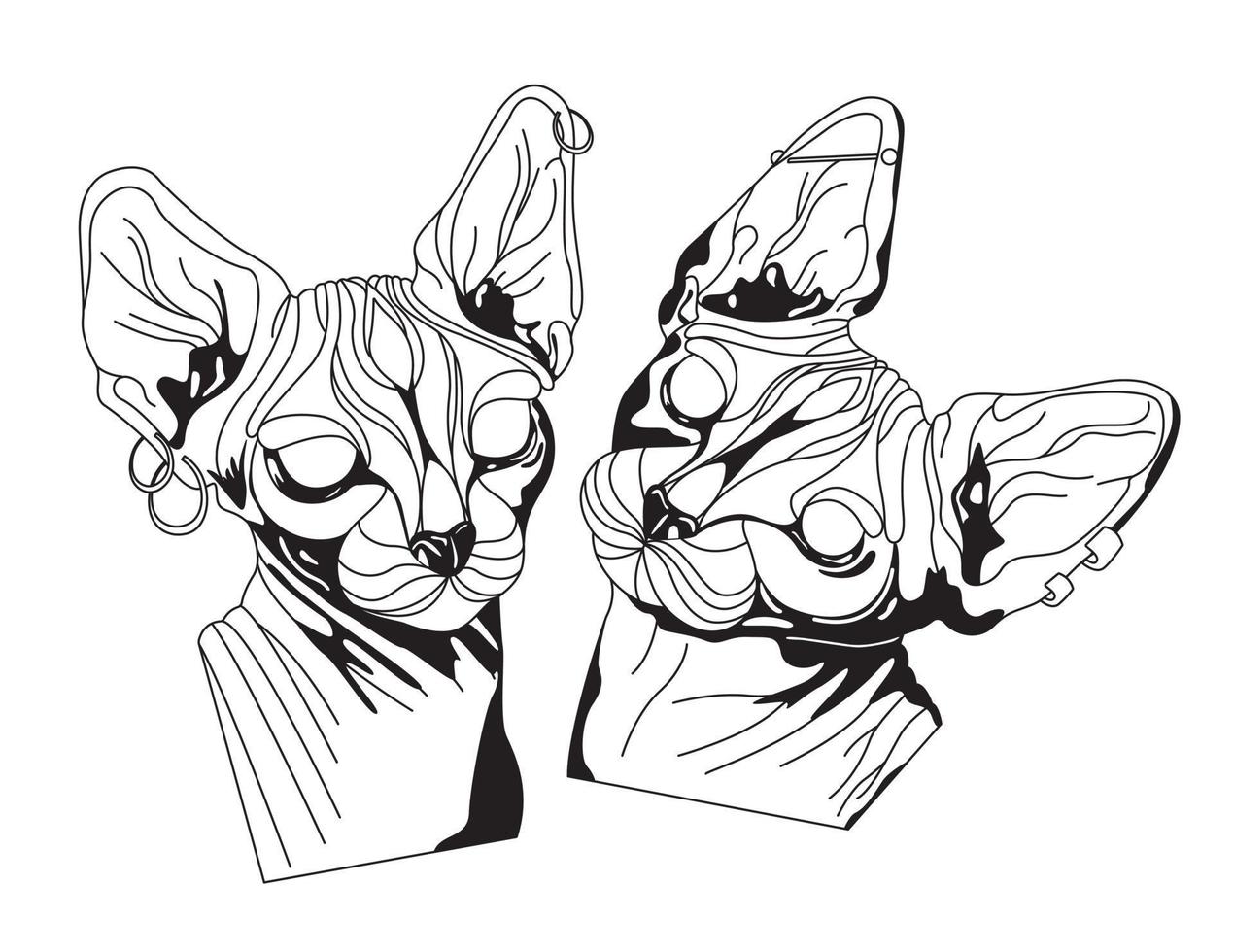 Ilustración de vector de tatuaje de gatos esfinge. Gatos de boceto de tatuaje de tinta negra dibujados a mano con orejas grandes. gatos calvos gráficos con piercing y aretes. para tatuaje, ropa de impresión, pegatina, camiseta, diseño