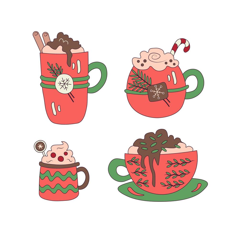 tazas navideñas con colección de café vector