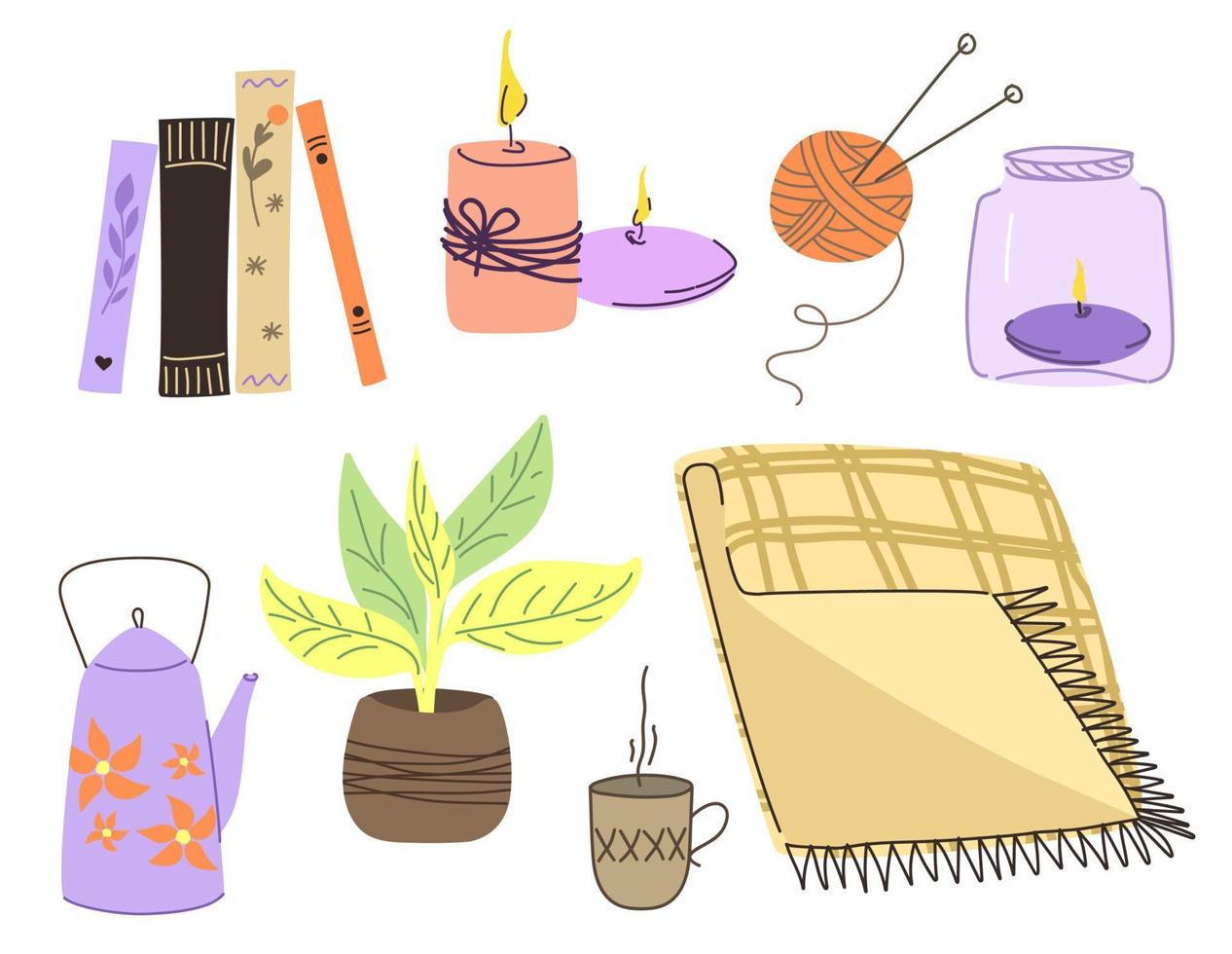 Cute collection of autumn and winter hygge elements. Isolated on white background. Vector illustration in scandinavian doodle style.