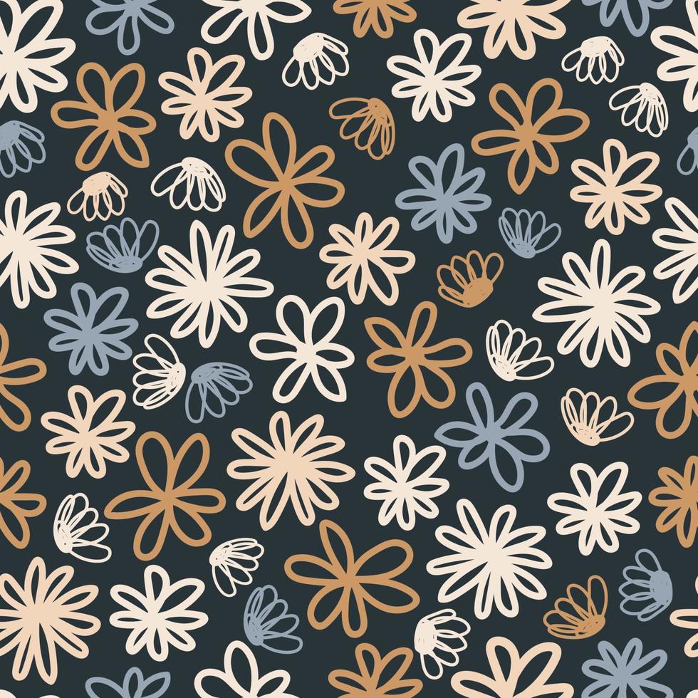 Simple vintage vector flowers seamless pattern in abstract style on dark background.