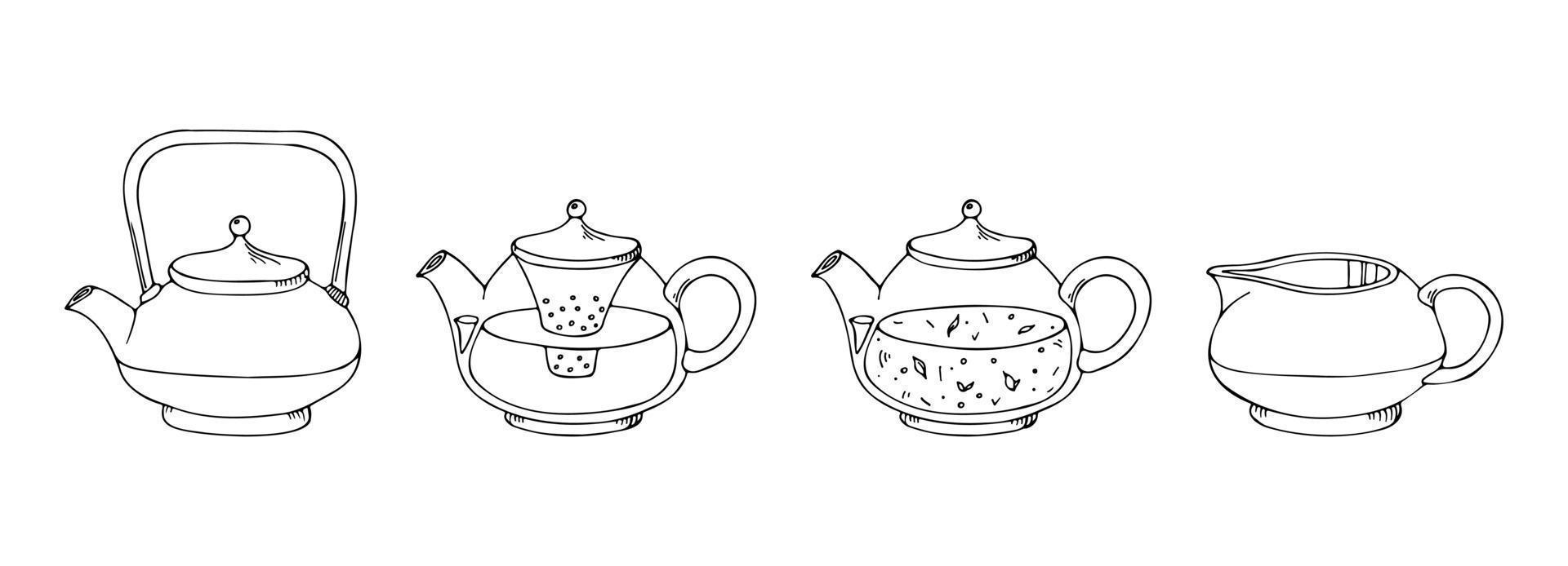 Tea ceremony vector design elements. Set hand drawn silhouette illustration