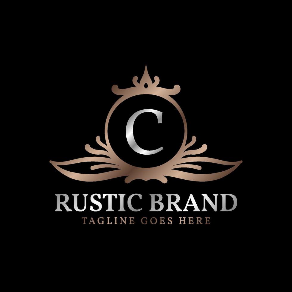 letra c insignia de logotipo de cresta rústica lujosa para cuidado de la belleza, organizador de bodas, hotel y cabaña vector