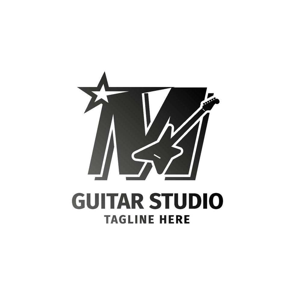 letra m guitarra eléctrica y elemento de diseño de logotipo de vector de decoración de estrellas