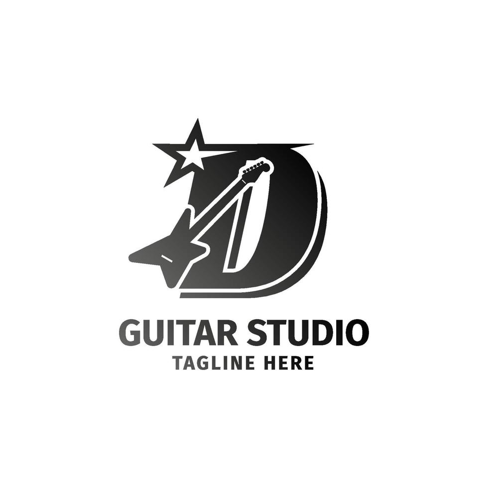 letra d guitarra eléctrica y elemento de diseño de logotipo de vector de decoración de estrellas