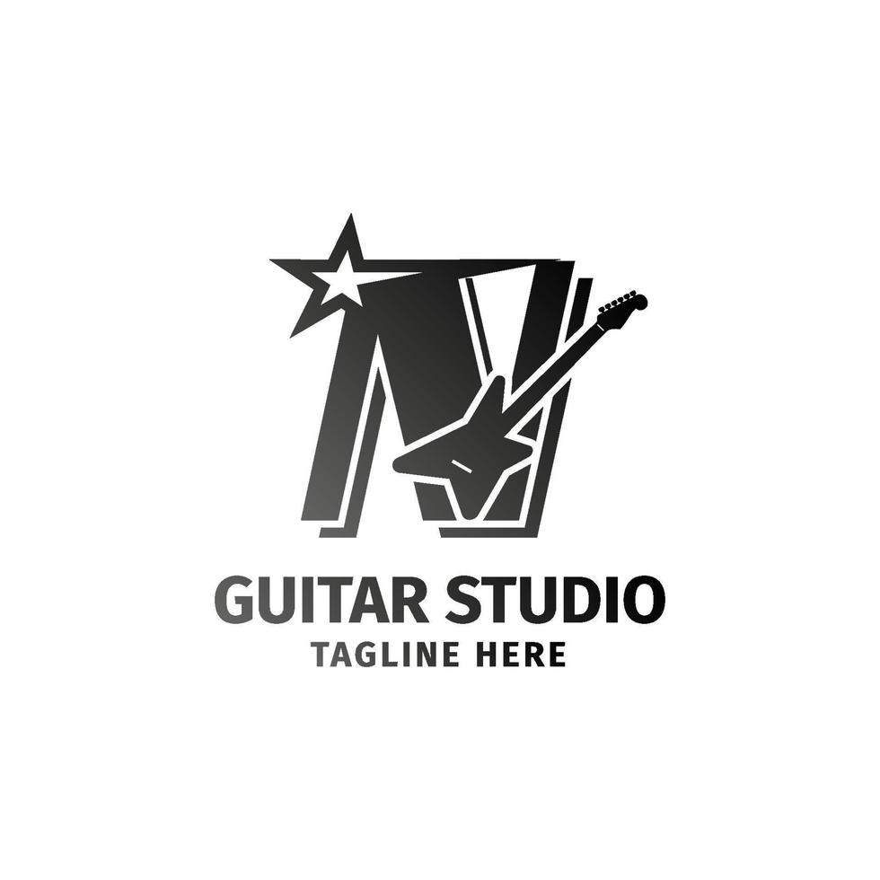 letra n guitarra eléctrica y elemento de diseño de logotipo de vector de decoración de estrellas