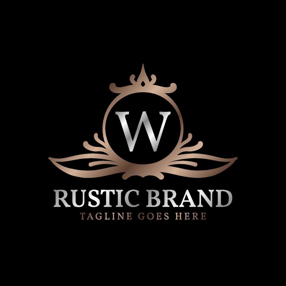 letra w insignia de logotipo de cresta rústica lujosa para cuidado de la belleza, organizador de bodas, hotel y cabaña vector