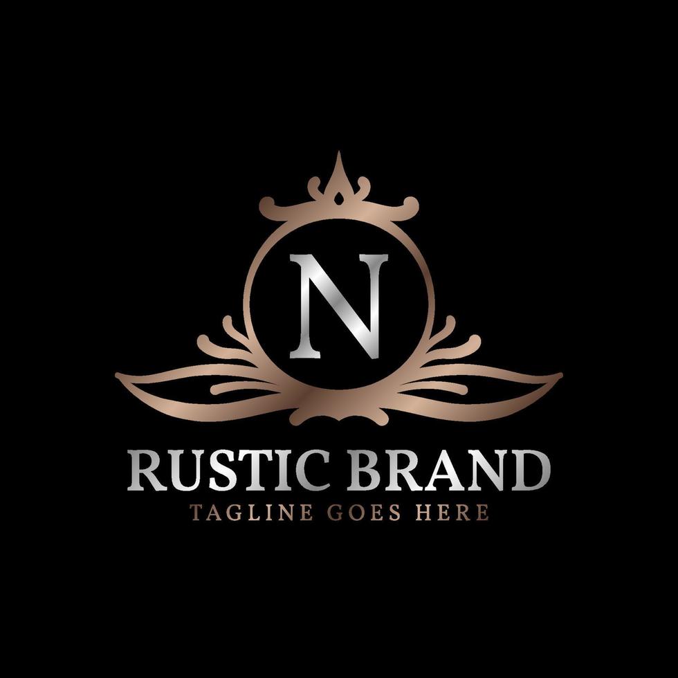 letter N luxurious rustic crest logo badge for beauty care, wedding organizer, hotel and cottage vector