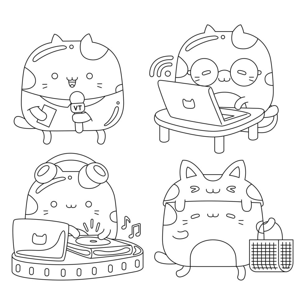 Set vector outline illustration of cute cat character for coloring book