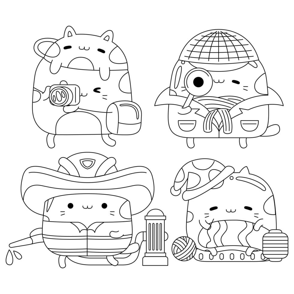 Set vector outline illustration of cute cat character for coloring book