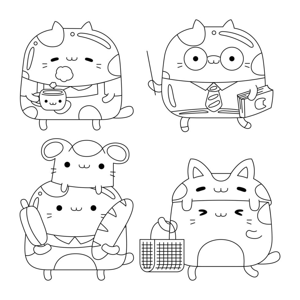 Set vector outline illustration of cute cat character for coloring book