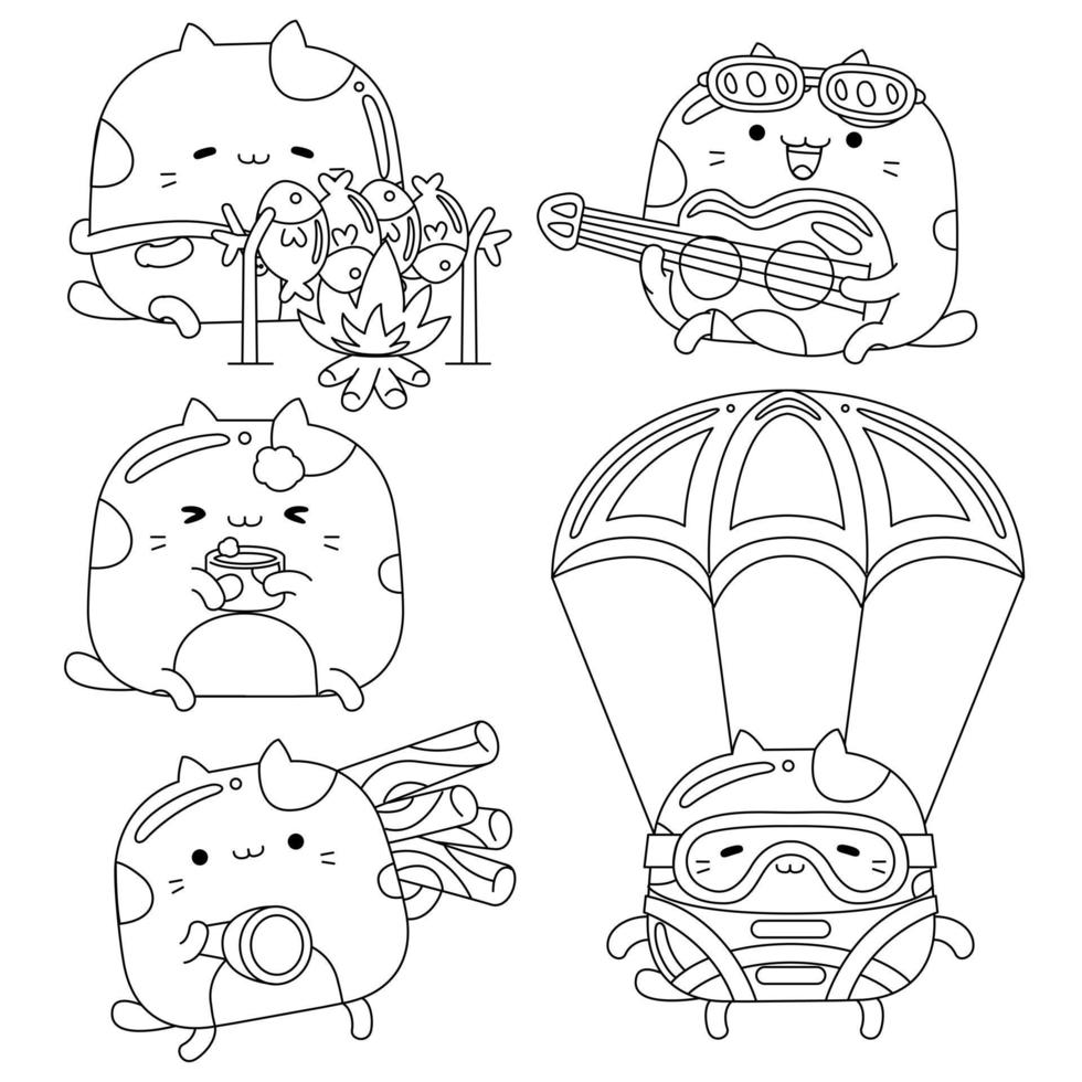 Set vector outline illustration of cute cat character for coloring book