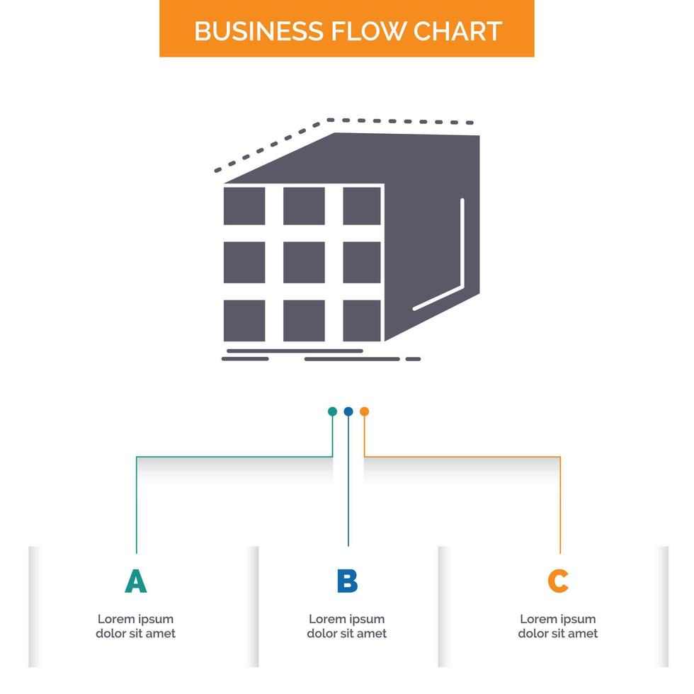Abstract. aggregation. cube. dimensional. matrix Business Flow Chart Design with 3 Steps. Glyph Icon For Presentation Background Template Place for text. vector