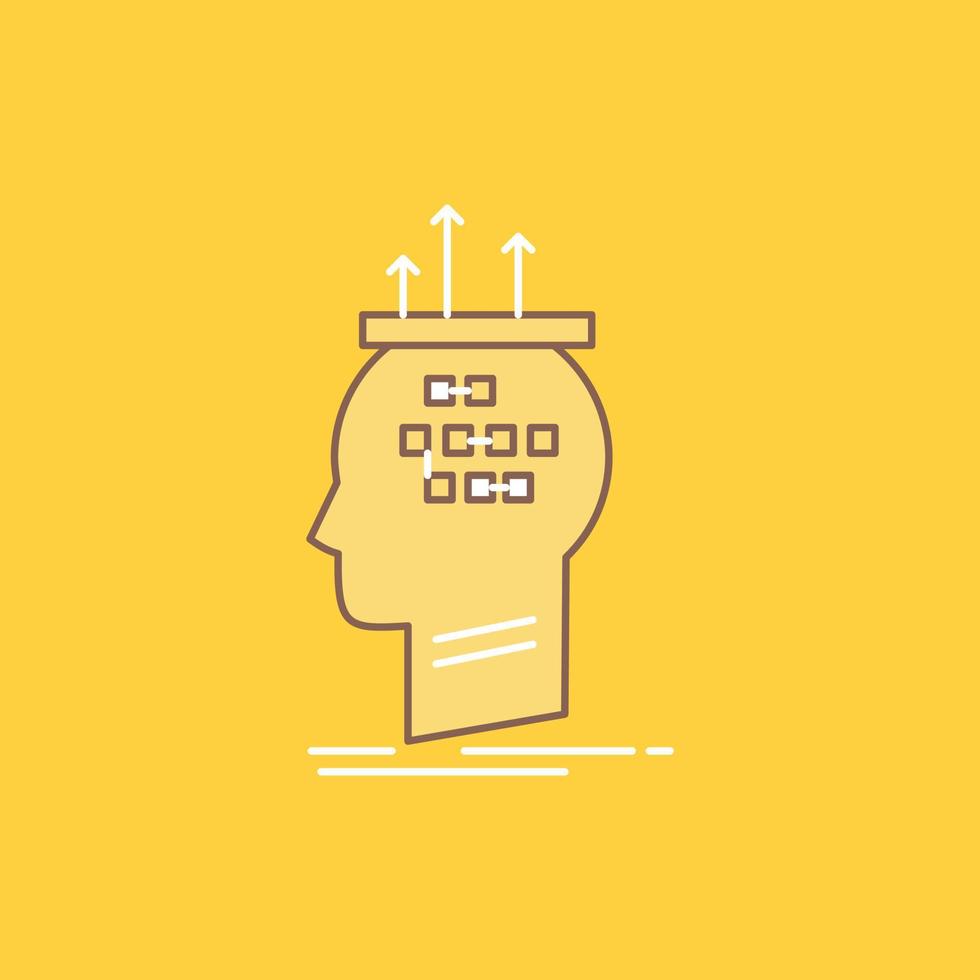 Algorithm. brain. conclusion. process. thinking Flat Line Filled Icon. Beautiful Logo button over yellow background for UI and UX. website or mobile application vector