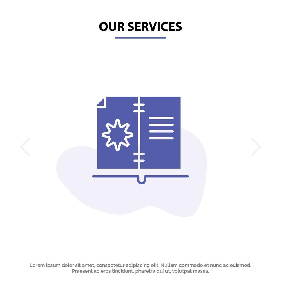 Our Services Book Guide Hardware Instruction Solid Glyph Icon Web card Template vector