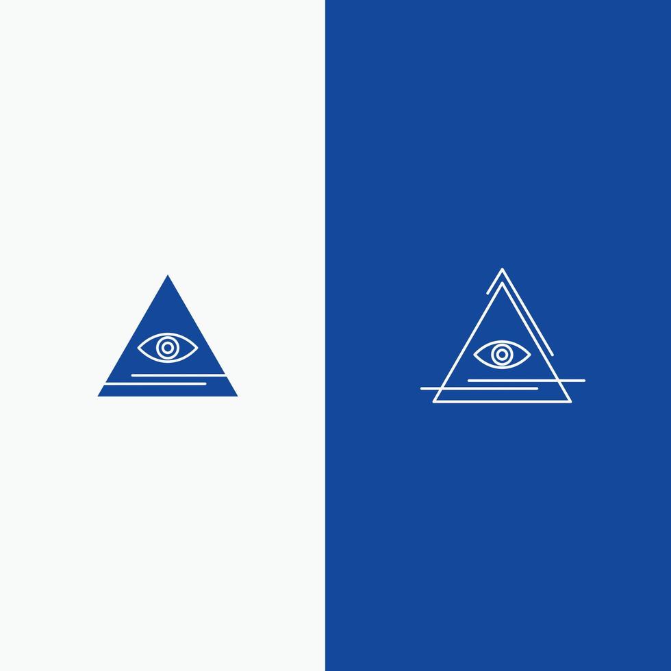 ojo illuminati pirámide triángulo línea y glifo icono sólido línea de bandera azul y glifo icono sólido azul vector