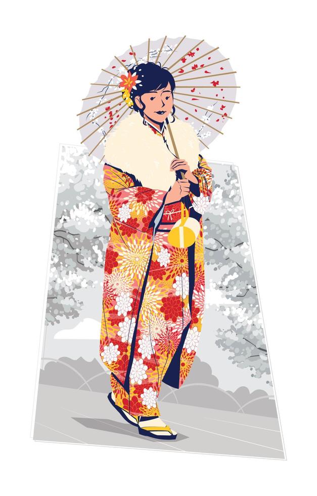 Japanese Woman in Kimono on Coming Age of Day Concept vector