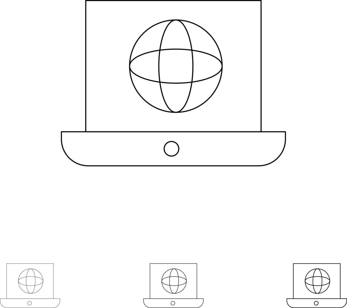 Laptop World Globe Technical Bold and thin black line icon set vector