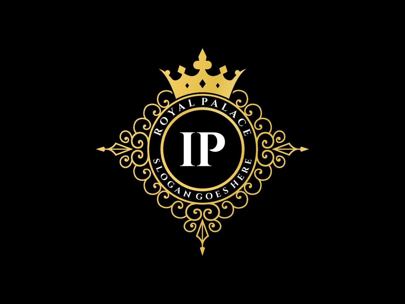 Letter IP Antique royal luxury victorian logo with ornamental frame. vector