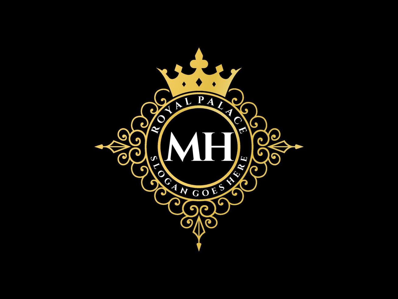 Letter MH Antique royal luxury victorian logo with ornamental frame. vector