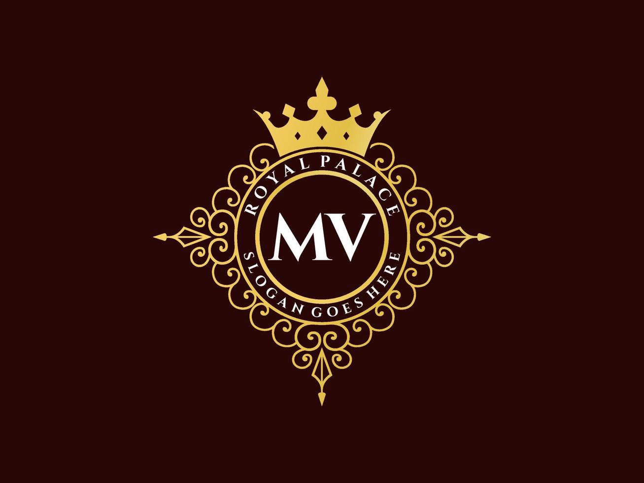Letter MV Antique royal luxury victorian logo with ornamental frame. vector
