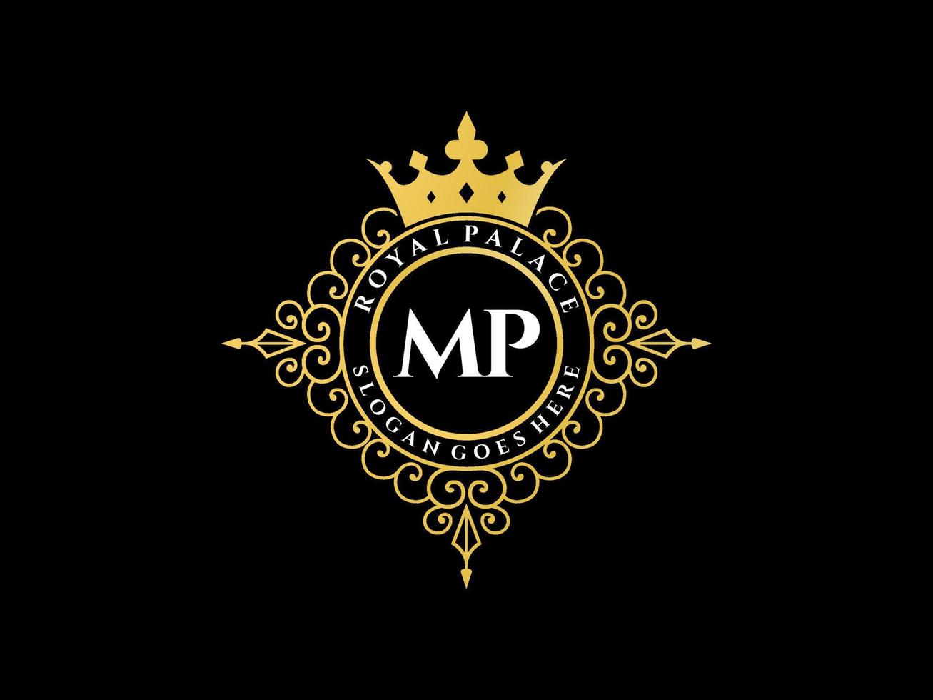 Letter MP Antique royal luxury victorian logo with ornamental frame. vector