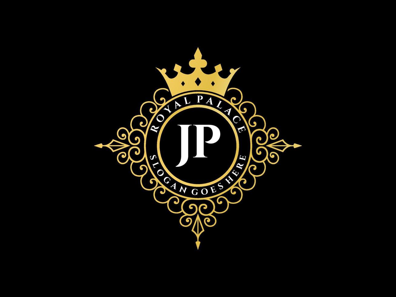 Letter JP Antique royal luxury victorian logo with ornamental frame. vector