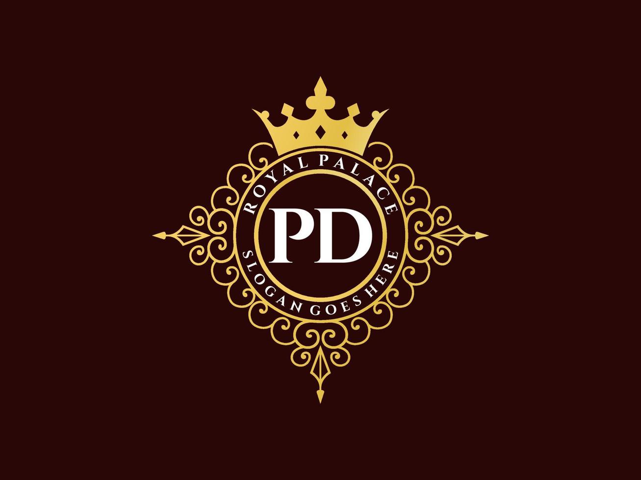 Letter PD Antique royal luxury victorian logo with ornamental frame. vector