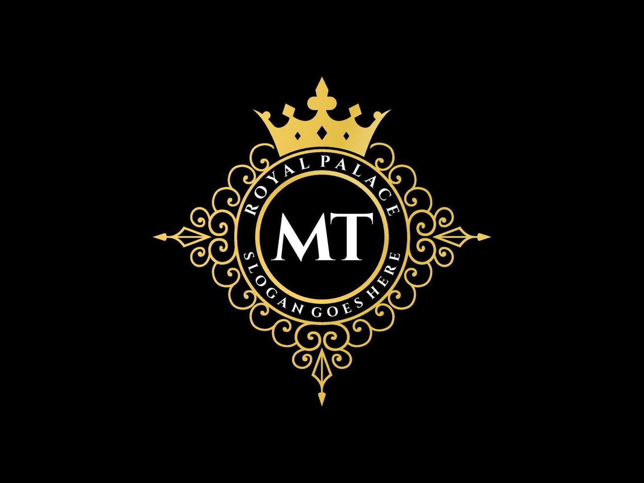 Letter MT Antique royal luxury victorian logo with ornamental frame. vector