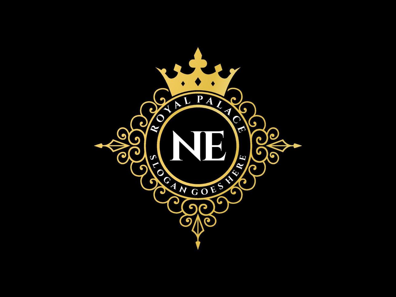 Letter NE Antique royal luxury victorian logo with ornamental frame. vector