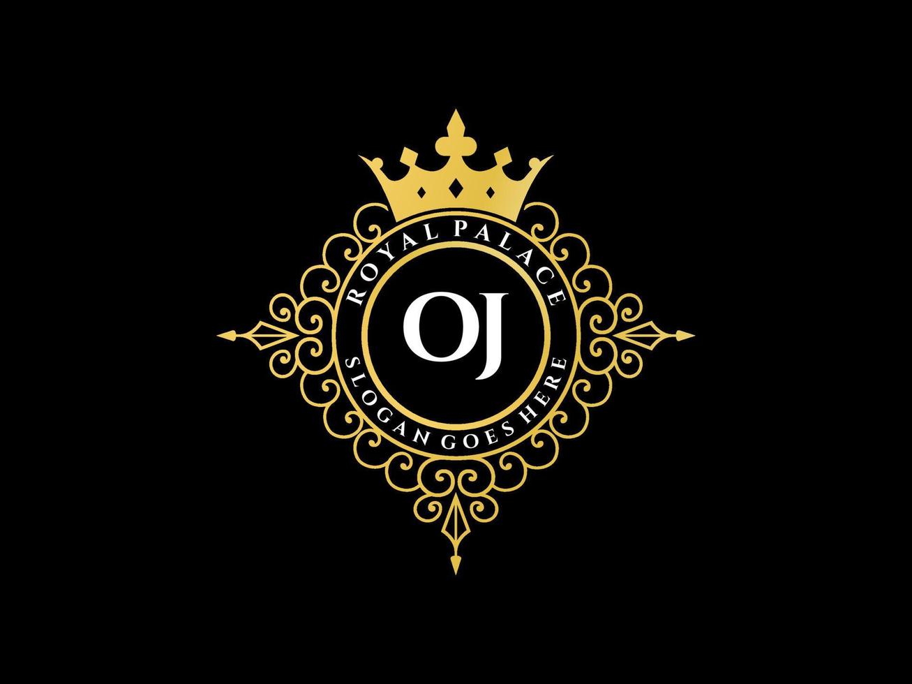 Letter OJ Antique royal luxury victorian logo with ornamental frame. vector
