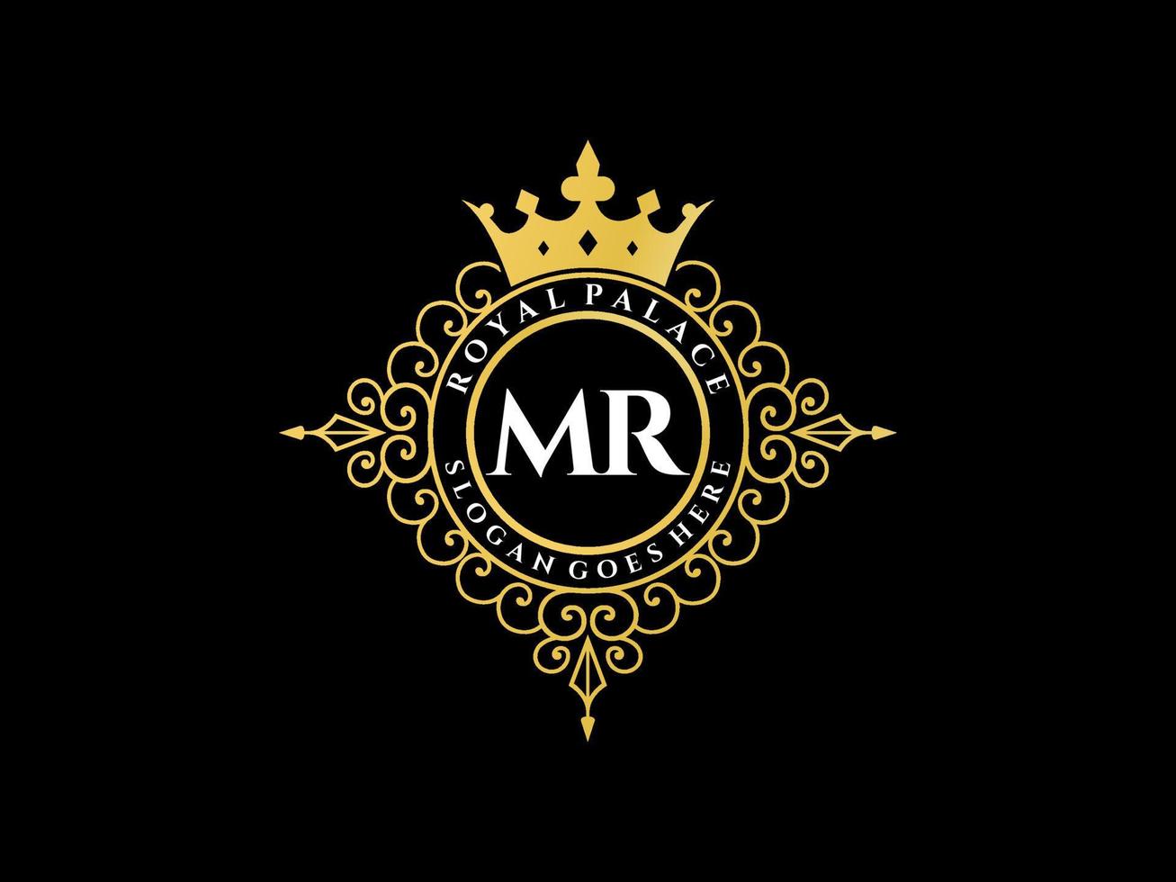 Letter MR Antique royal luxury victorian logo with ornamental frame. vector