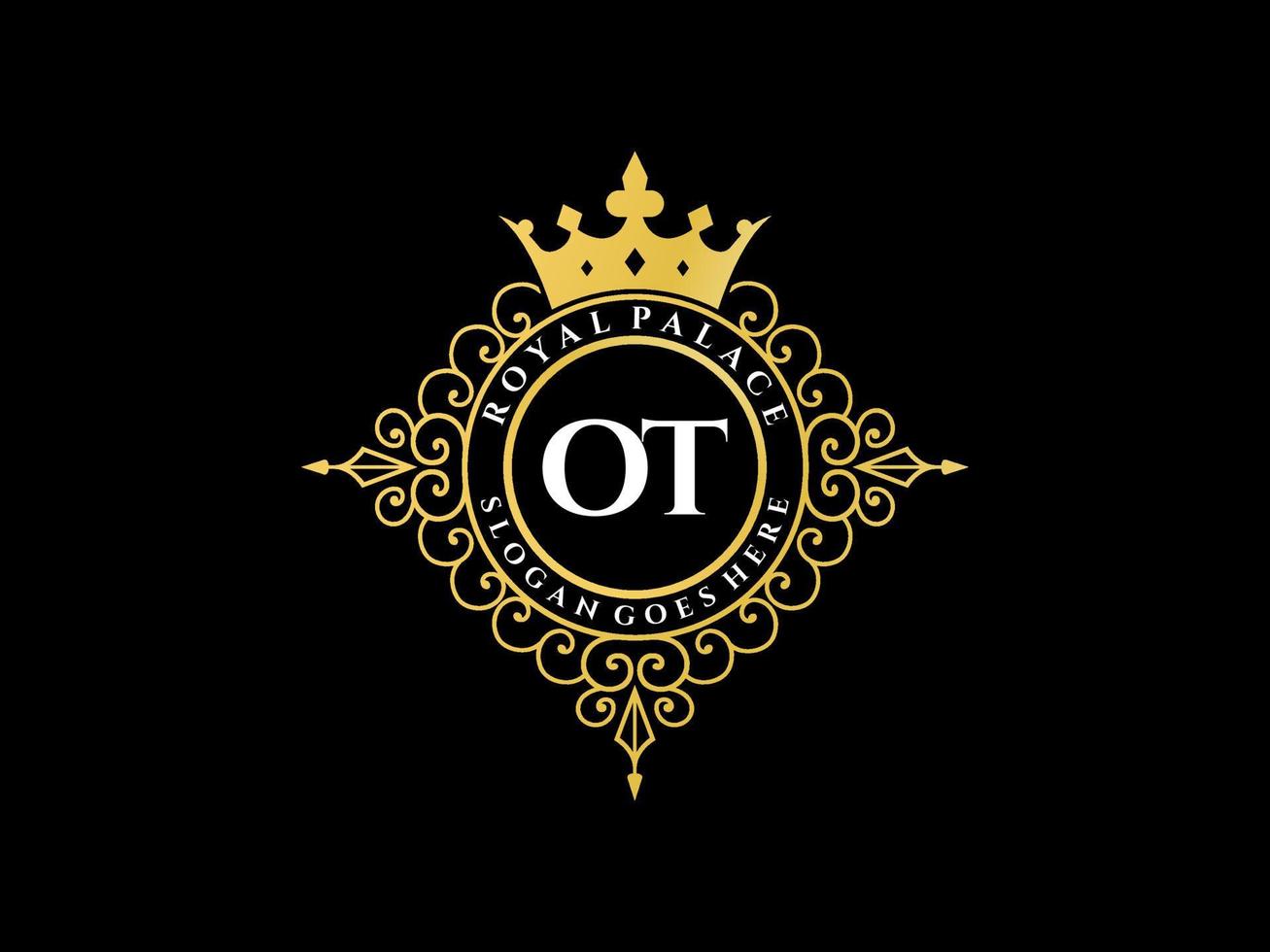 Letter OT Antique royal luxury victorian logo with ornamental frame. vector