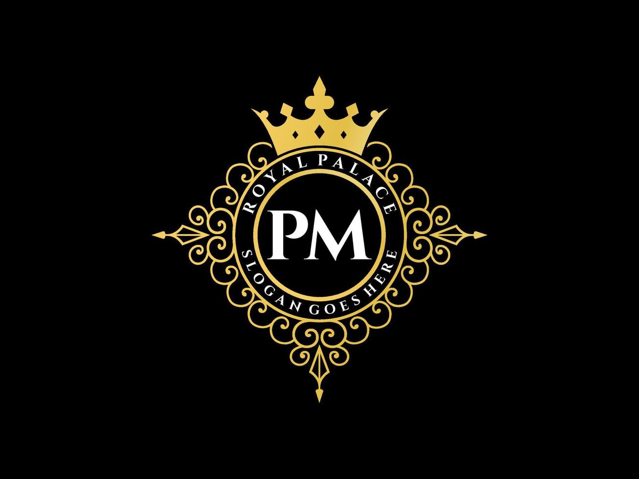 Letter PM Antique royal luxury victorian logo with ornamental frame. vector
