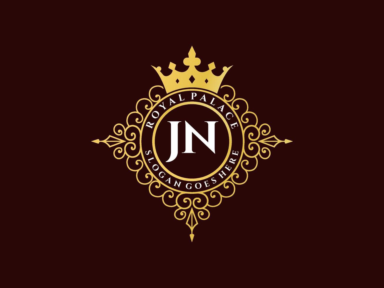 Letter JN Antique royal luxury victorian logo with ornamental frame. vector