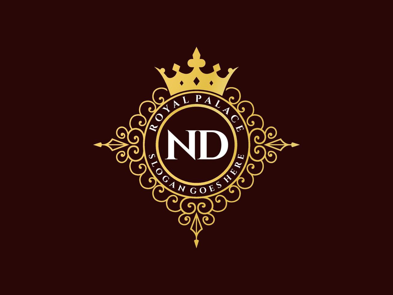 Letter ND Antique royal luxury victorian logo with ornamental frame. vector